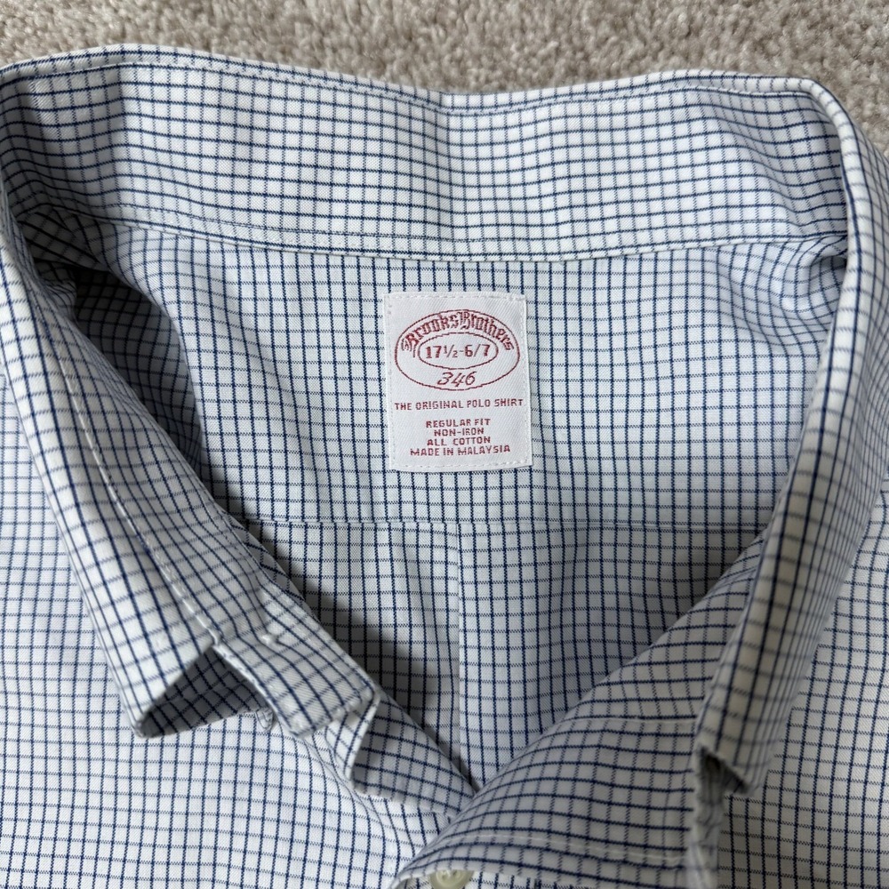 Brooks Brothers Button Down Blue Mens 17.5 6/7 Check Excellent Condition